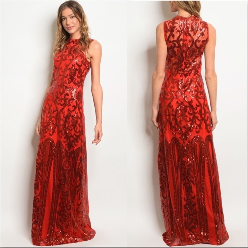 Sequins red long dress